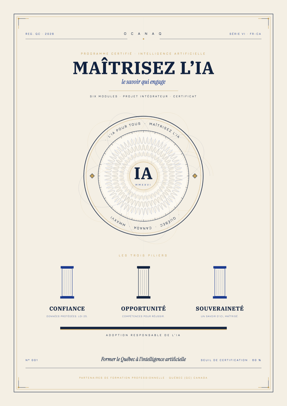 Exemple de certificat officiel OCANAQ remis à la fin de la formation Maîtrisez l'IA