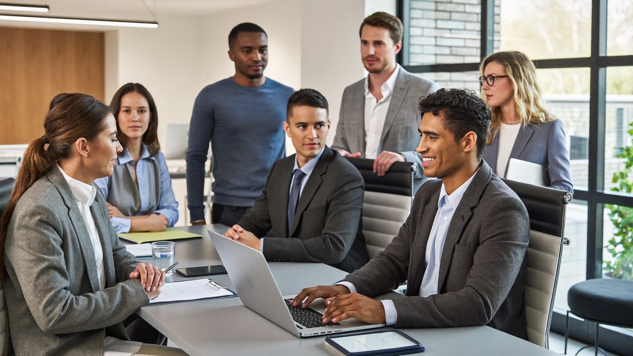Équipe d'affaires québécoise diverse en séance de formation à l'intelligence artificielle dans un bureau moderne