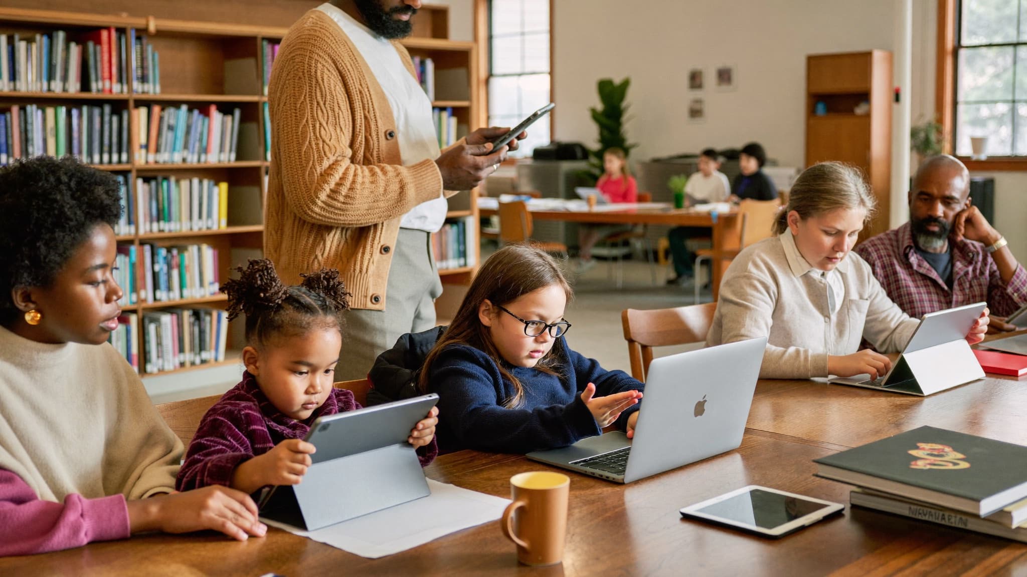 Plusieurs familles québécoises, de tous âges, apprennent à utiliser l'intelligence artificielle ensemble à la bibliothèque